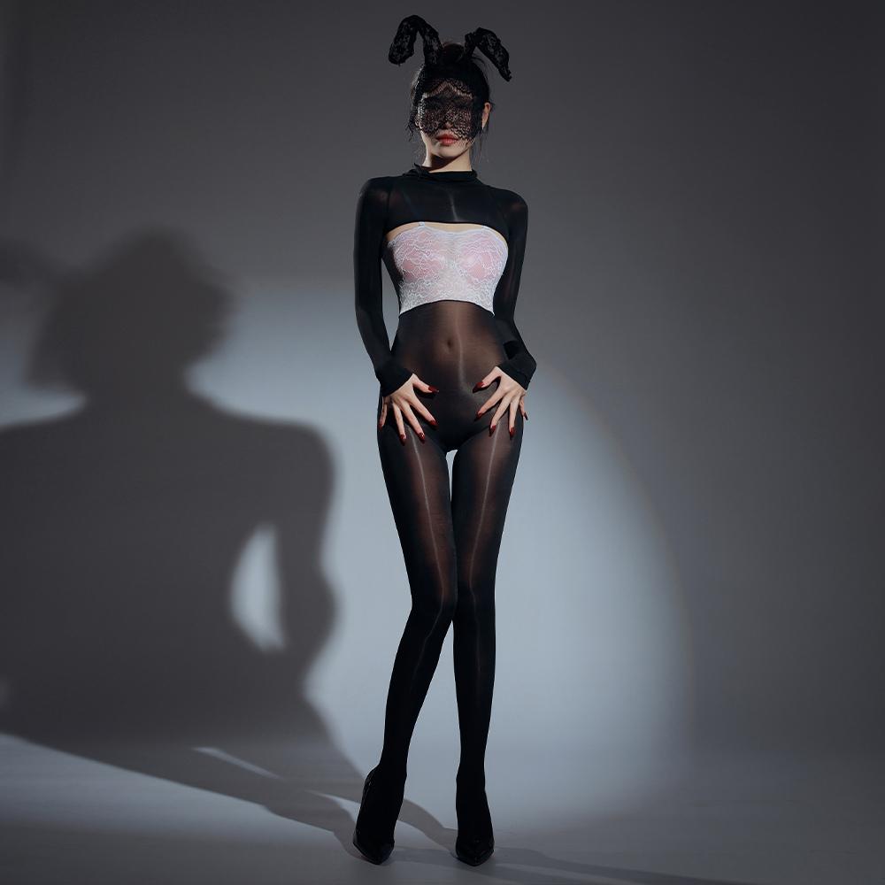 Sexy Women Patchwork Yoga Bodysuit Oil Glossy Shiny Open Crotch Shaping Tights Sheer See Through Cosplay Maid Leotard