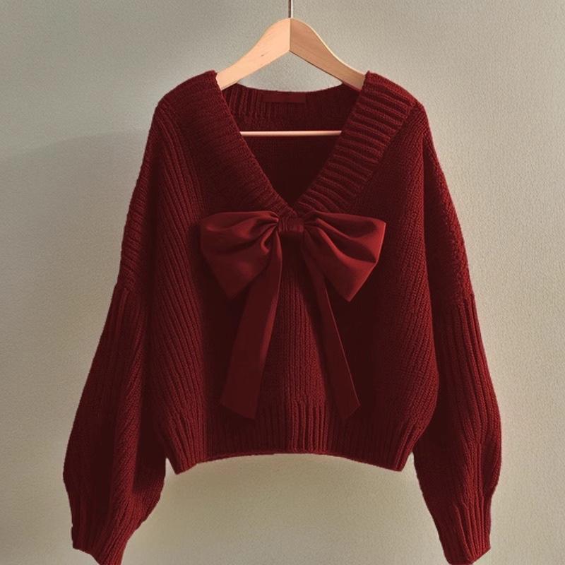 Women's Bowknot Knit Sweater - Versatile Autumn/Winter Fashion 2025, Japan-Korea Style