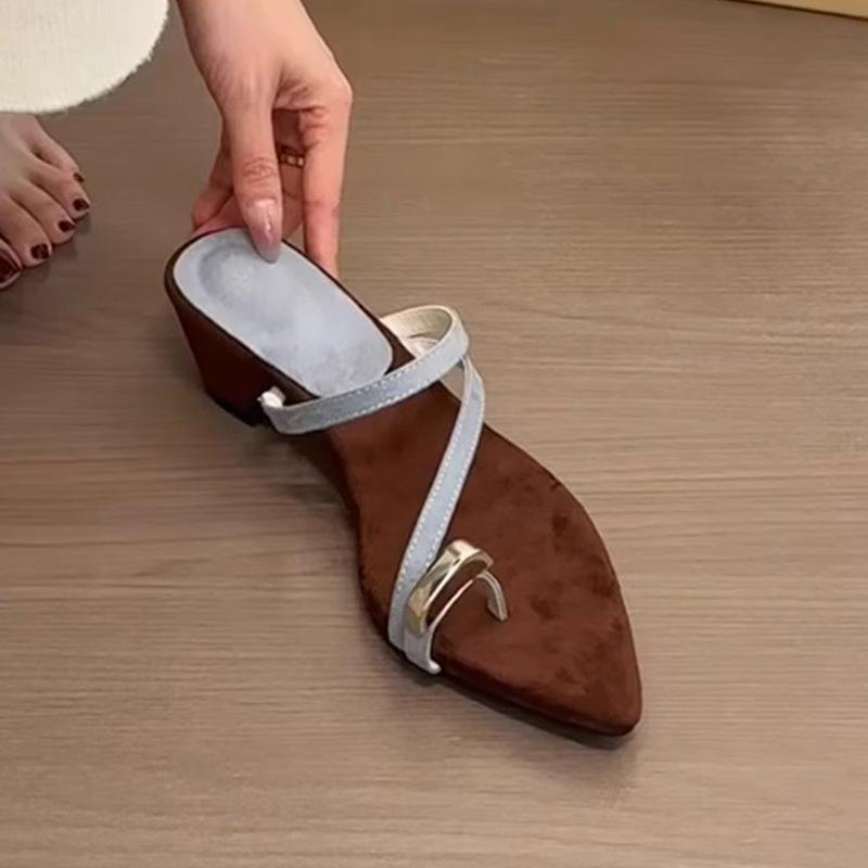 Sheepskin version~ Leather cover toe word with thick heel slippers women's summer wear gentle pointed toe wedged sandals