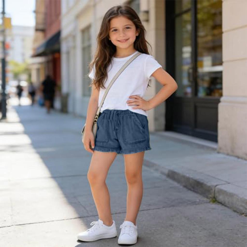 Girls Elastic Waist Casual High Waist Drawstring Shorts with Frayed Hem and Front Pockets Lightweight Soft Fabric Summer Bottoms