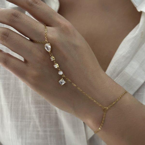 Rhinestone Multilayer Zircon Connected Finger Ring Bracelets For Women Handmade Thin Link Chain Bracelet Party Jewelry Gift