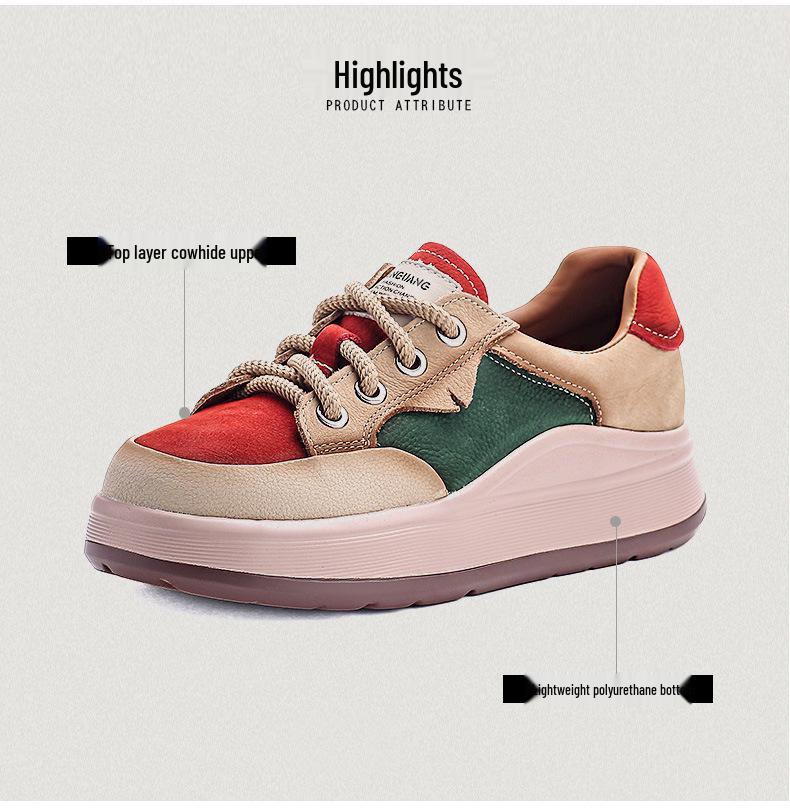 Autumn Women's Thick Sole Genuine Leather Lace-up Casual Shoes - Colorblock Low-top Spring Design