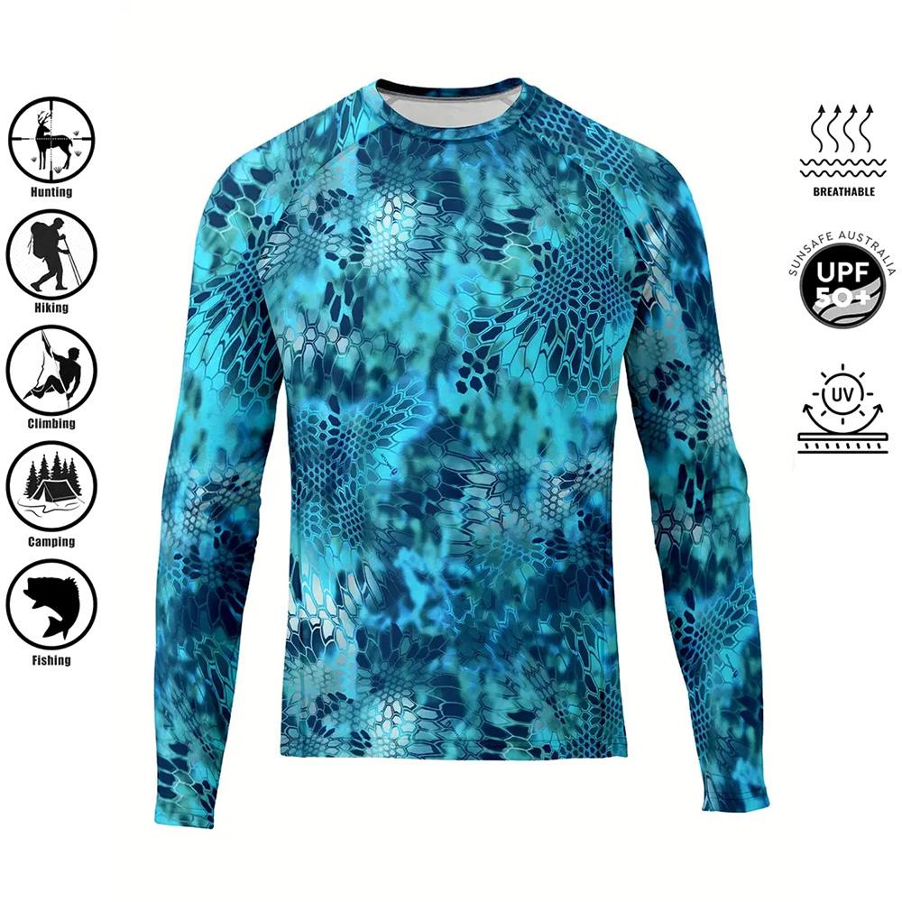 Herren Sommer Langarm Anglerhemd Schnelltrocknend Performance UPF 50+ UV-Schutz Blau Camouflage Oberteil