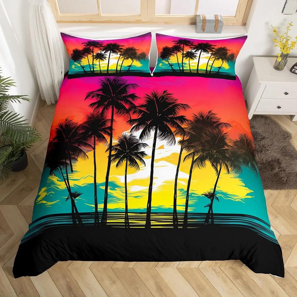 Comforter Palm Tree King Queen Full Twin Tropical Leaves Comforter Watercolor Style Bedding Set Polyester