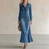 Damen Vintage Gewaschenes Denim Maxikleid Langarm Zweireihig Schmale Passform