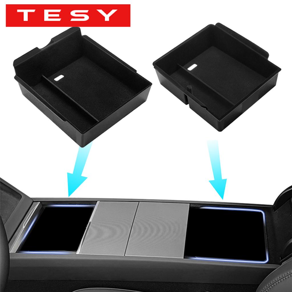 TESY for Tesla Model YL Y Juniper Launch Model 3 Highland Console Armrest Storage Box Organizer Flocking ABS with Silicone Pad