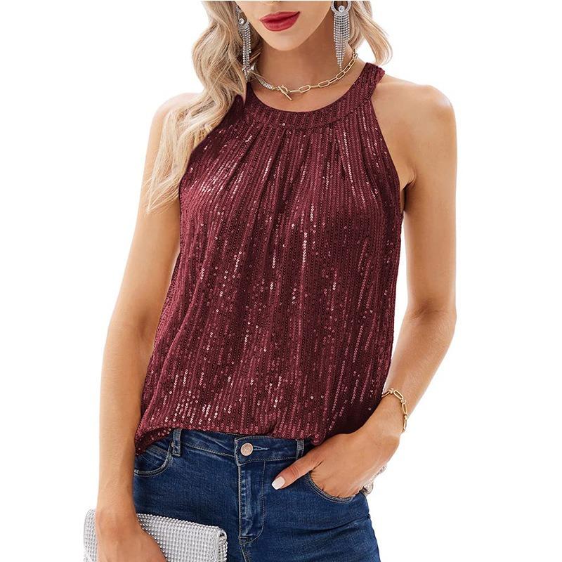 Summer New Sleeveless Loose Sequin Women Shirts Fashion Solid Halter Elegant Party Casual Blouse Women Tops Street Slim Fit Simple Ladies Shirt 26586