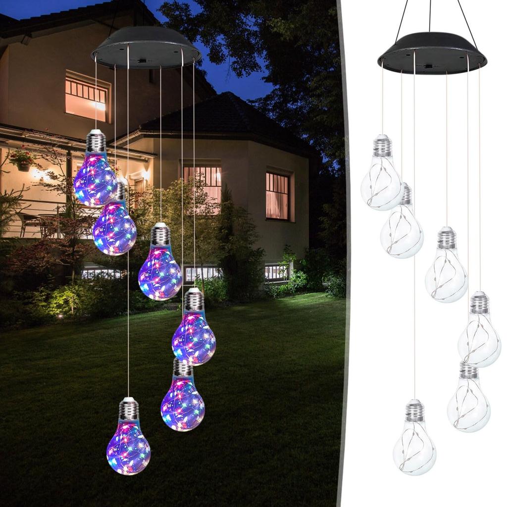 جرس الرياح المضيء الملون LED مع 6 مصابيح شمسية، جرس رياح معلق متنقل لتزيين الشرفة والحديقة والساحة والشرفة