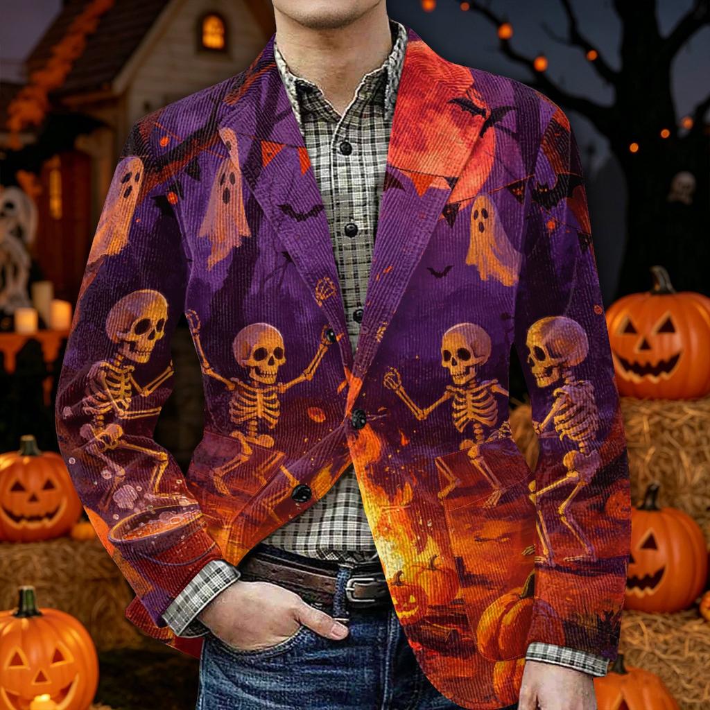 Men's Corduroy Blazer Jacket with Halloween Print Warm Casual Suit Jacket with Pockets Button Front Cardigan Style Outerwear