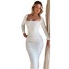 2024 Women's European & American Style Long-Sleeve Square Neck Slim-Fit Pleated Dress