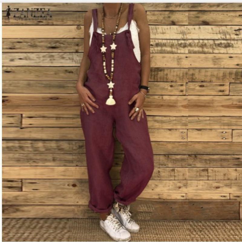 Women's Sleeveless Bow Detail Linen Blend Loose Fit Casual Ankle Length Overall Jumpsuit