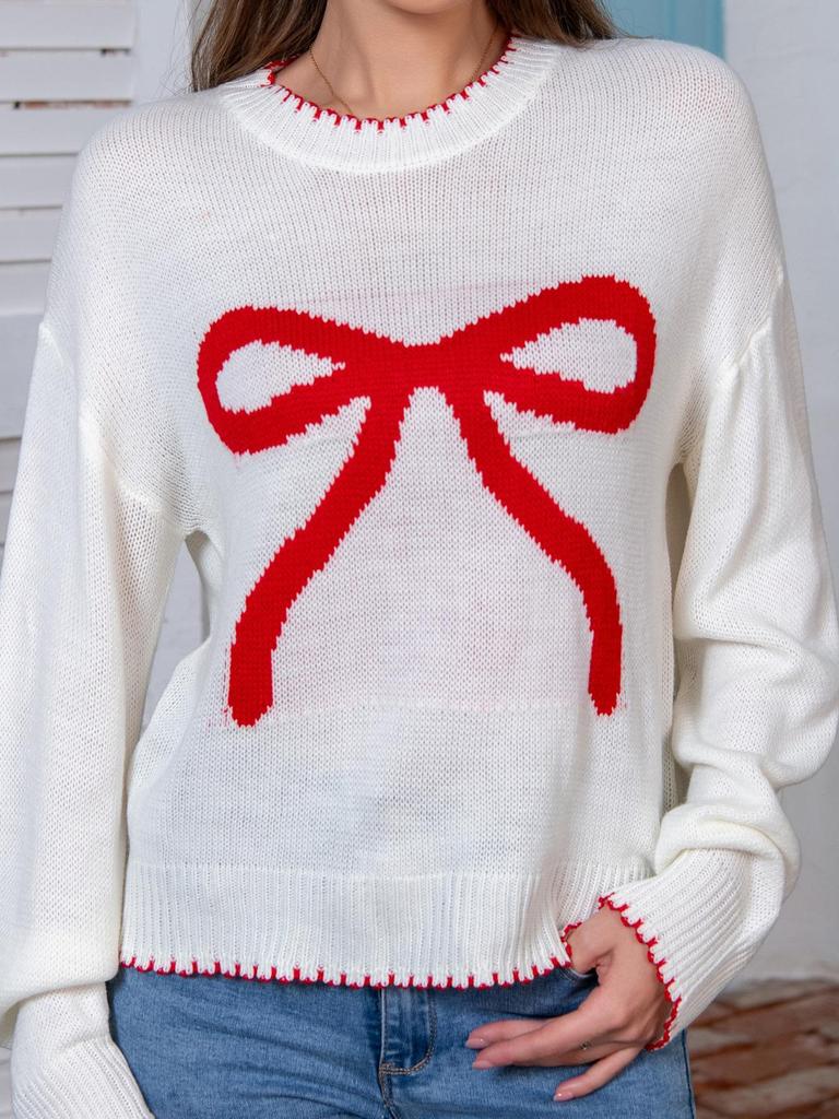 Dámský pletený pulovr s dlouhým rukávem a mašlí - Evropský a americký styl