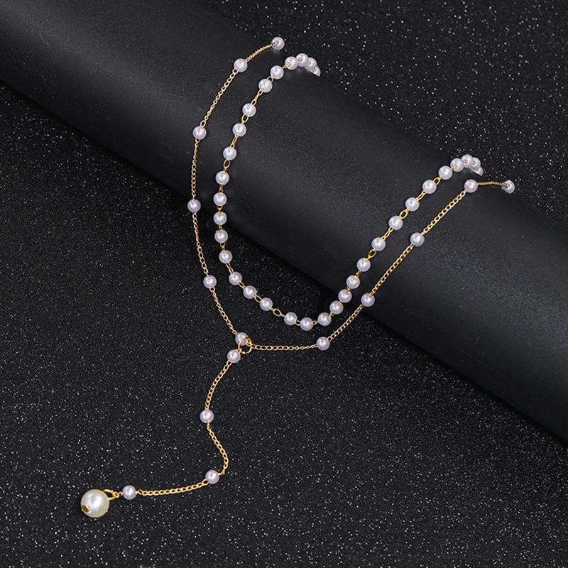 

European and American Double-layer Imitation Pearl Pendant Necklace Sexy Round Beads Chain Collarbone Chain For Womens Jewelry