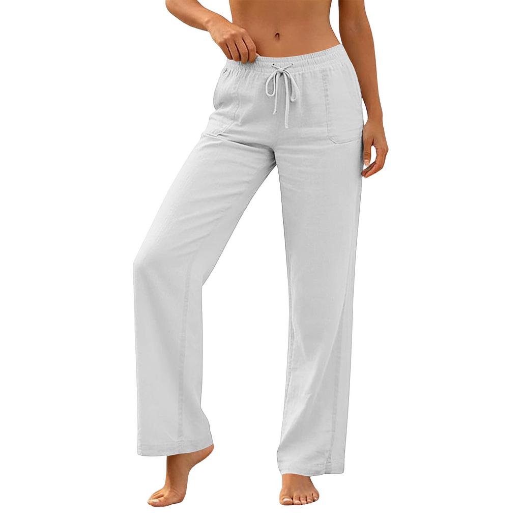 Pantaloni Casual da Donna a Vestibilità Larga con Coulisse in Vita, Tasche, Gamba Larga, Lunghezza Intera, in Misto Cotone e Lino, per l'Uso Quotidiano