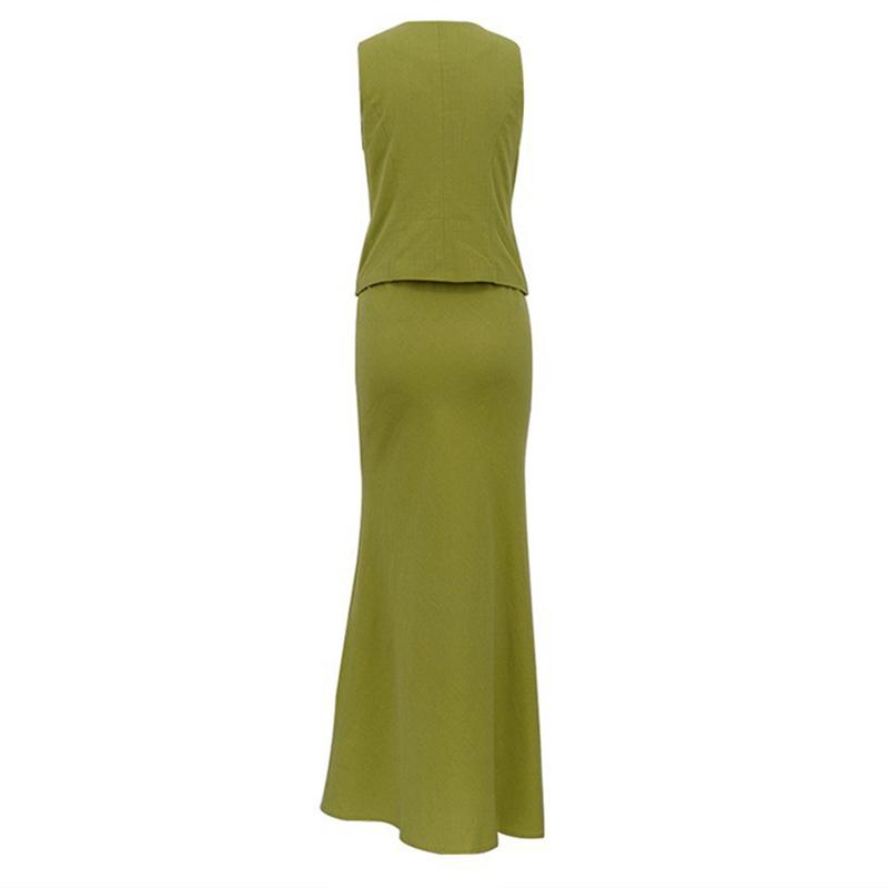 Women Casual Sleeveless Party 2Pcs Suits Cotton Linen Solid Color Slim Skirt Outifts Sexy V-neck Tie-up Hollow Out Top & Long Skirt Set