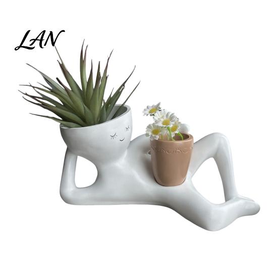 Whimsical Resin Pots for Faux Greenery Funny Smiling Face Planter, Lying Down Lazy Guy Plant Pot with Drainage Silly Garden Holes Holes, Goofy