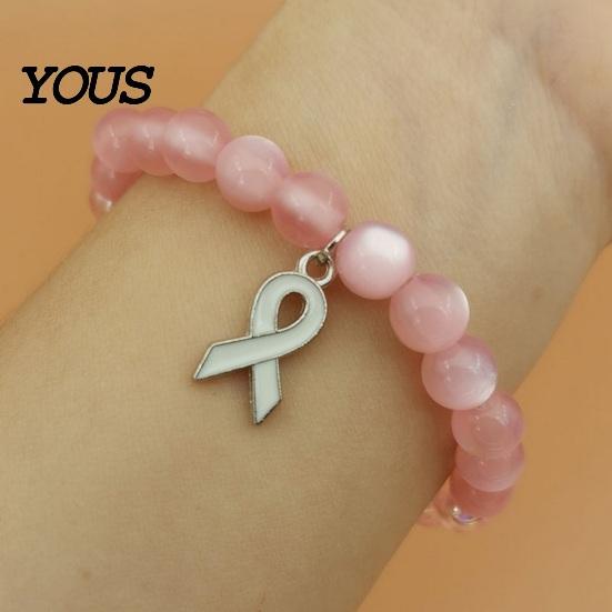 Fashionable Daily Wear Wristband Breast Cancer Awareness Bracelets for Women, Ribbon Health Accessories Charm Beaded Elastic Bracelet, Encouragement