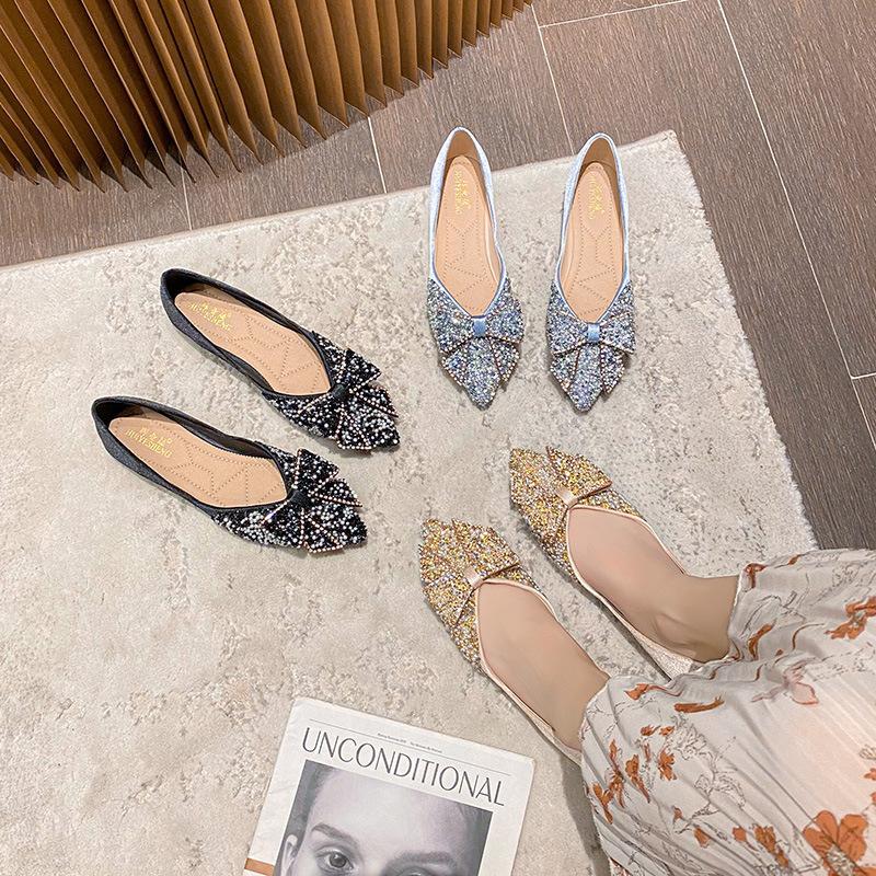 Fashion Women Flat 2025 Elegant Fashion Women Flat Fashion Ballet Shoes Bling Crystal Bow Tie Pointed Toe Flats Shoes Lady Shiny Flat