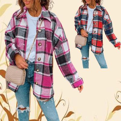 Autumn Winter Women Plaid Shirt Coat Stylish Plaid Print Shirt Coat for Women Lapel Blouse Jacket with Long Sleeves Fashion Warm Jackets