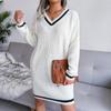 Women Fall Winter V Neck Long Sleeve Solid Color Sweater All Match Knit Dresses
