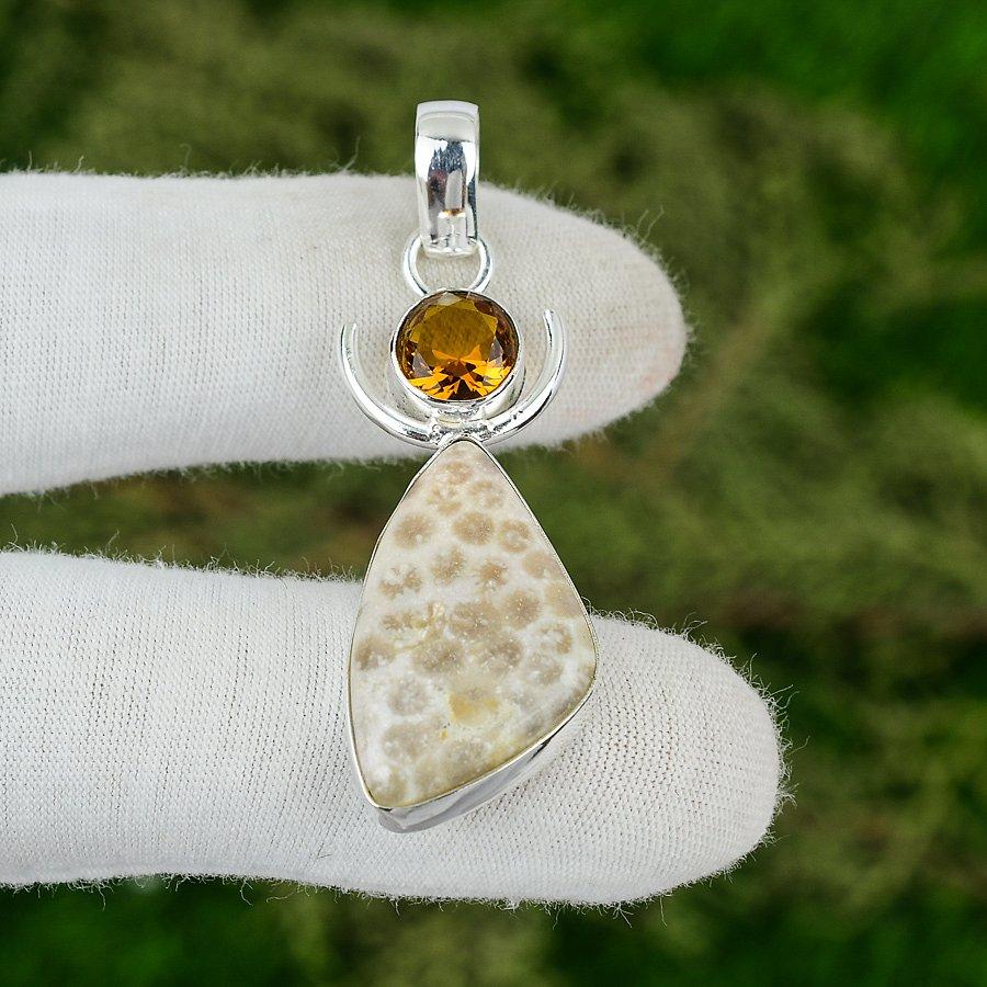 

925 Sterling Silver Natural Fossil Coral Citrine Wedding Handcrafted New Pendant