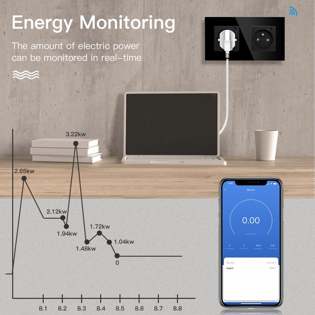 BSEED Single Wifi French Socket Double Power Monitor Wall Sockets Triple Smart Outlets Glass Frame Tuya Smart Life Control