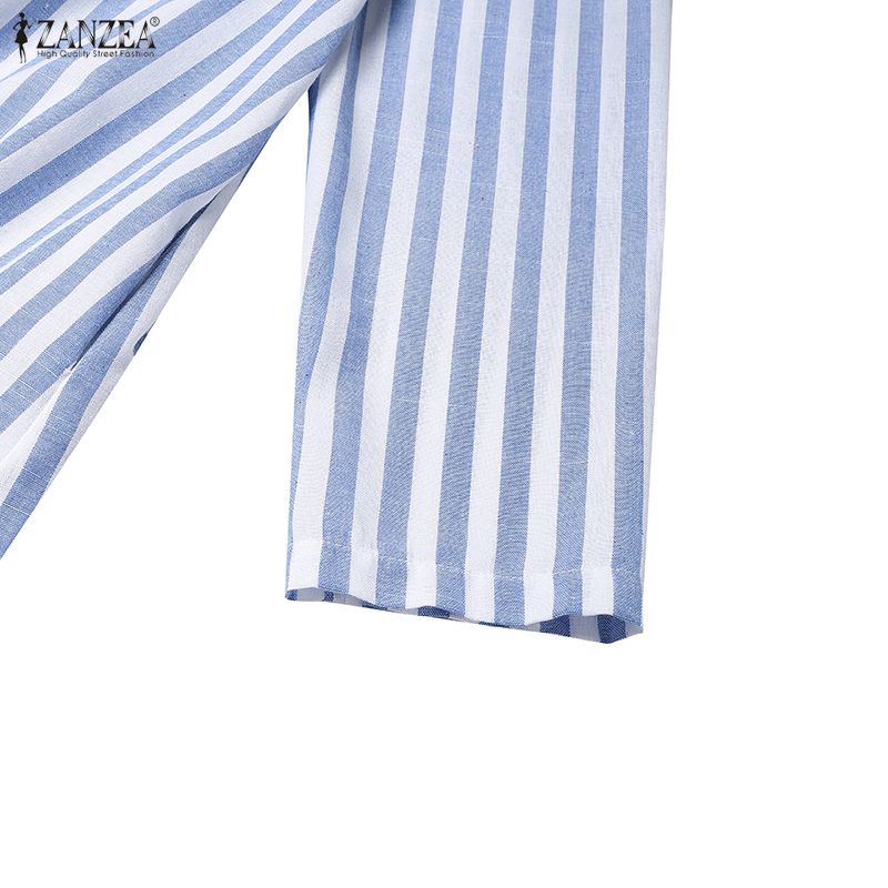 ZANZEA Damen Umlegekragen Lässig Langarm Streifen Hemdkleid