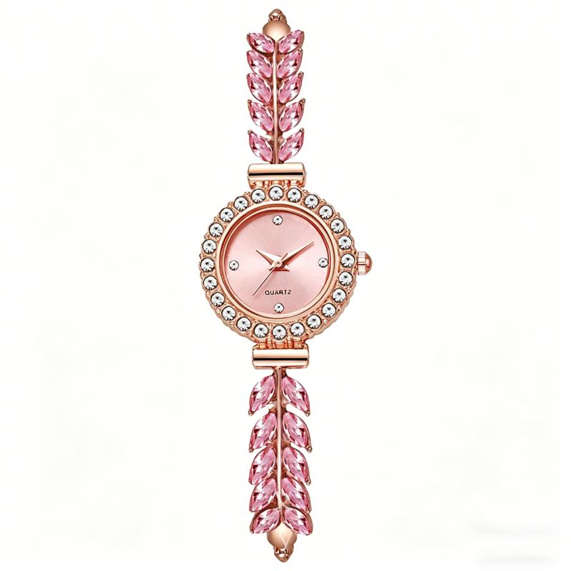 New Fashion Women Quartz Watch Leaf Design Slim Strap Rhinestone Round Dial Pull Adjustable Bracelet Wristwatch