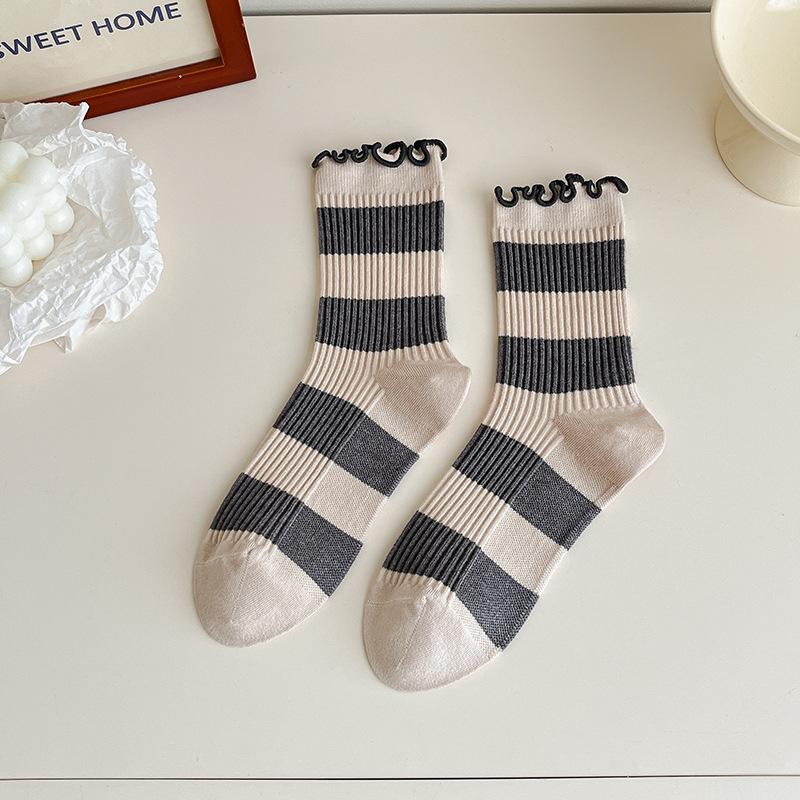Greyish-blue Striped Women's Mid-calf Socks for Autumn and Winter, Warm, Thick and Cute Lace Trendy Long Calf Socks