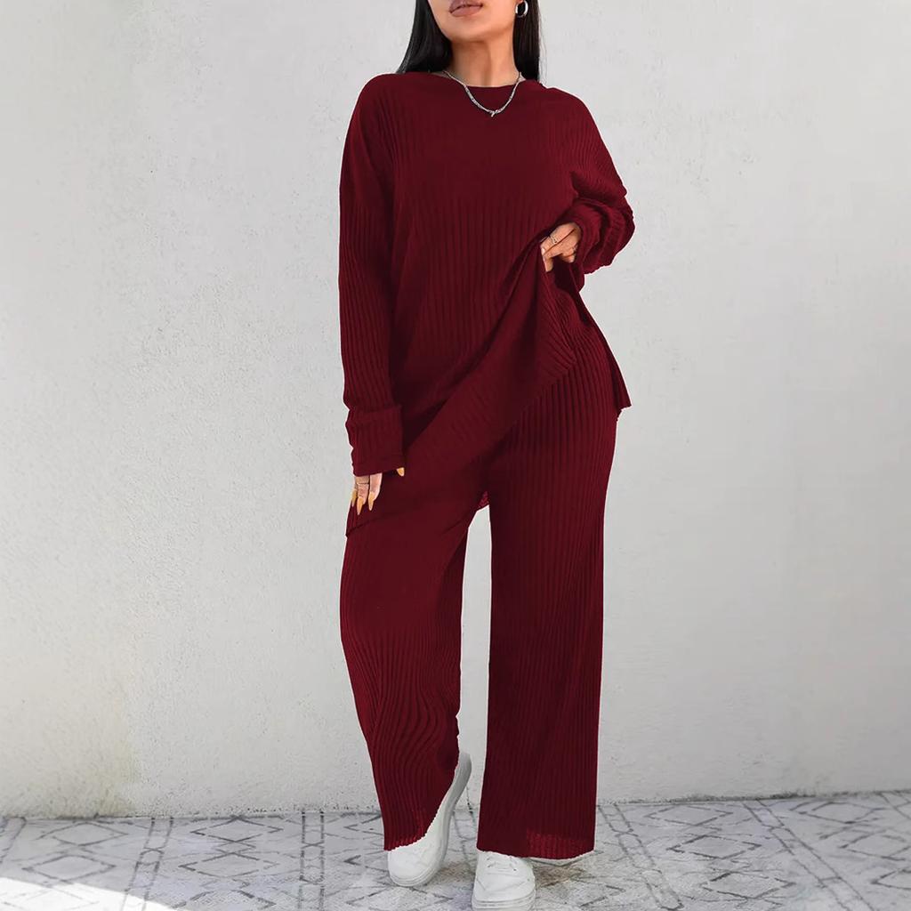 QICED Two-piece Set: A Fashionable, Casual and Slimming Round-neck Long-sleeved Solid-color Knitted Suit
