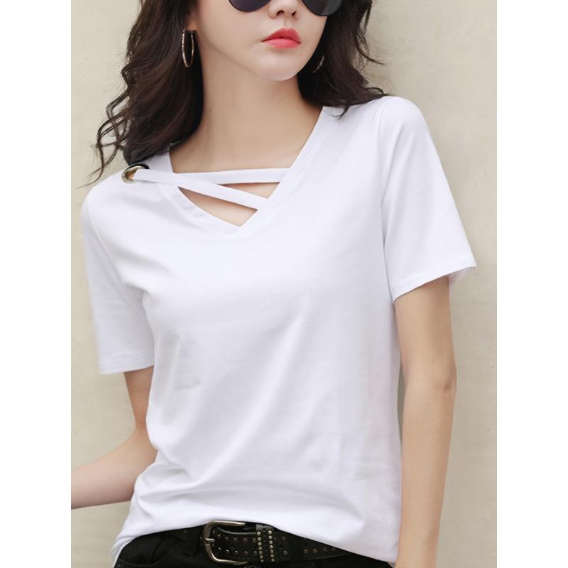 Women's Casual Fashion V-Neck Top Summer White T-shirt