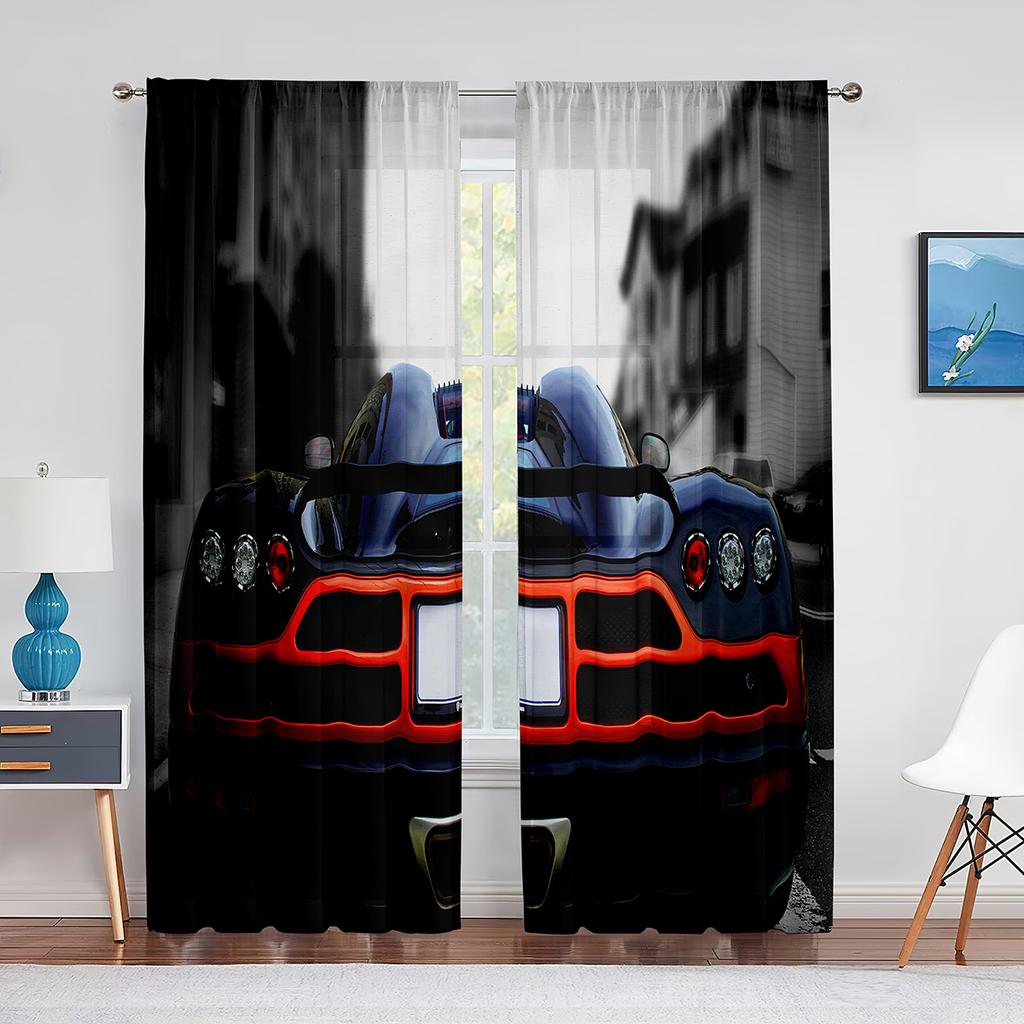 Black Cool Sports Car Movie Print Pattern Modern Boys Drapes Window Curtains for Living Room Bedroom Kitchen 2 Pieces Decor