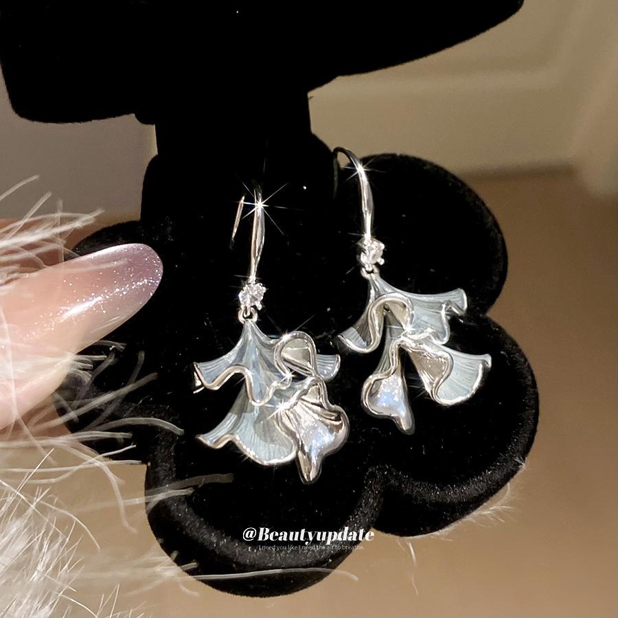 Dripping Zircon Leaf Ginkgo Biloba Tassel Pendant Ear Hook Small Fresh Sweet Earrings Light Luxury Earrings Women