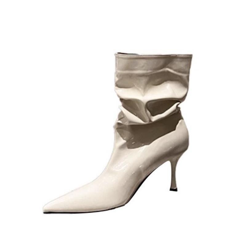 Temperament Lackleder High-Heel Stiefeletten Damen 2025 Herbst und Winter Neu Spitz Mode Vielseitig Mittelhohe Stiefel Schwarz Stacking Stiefel