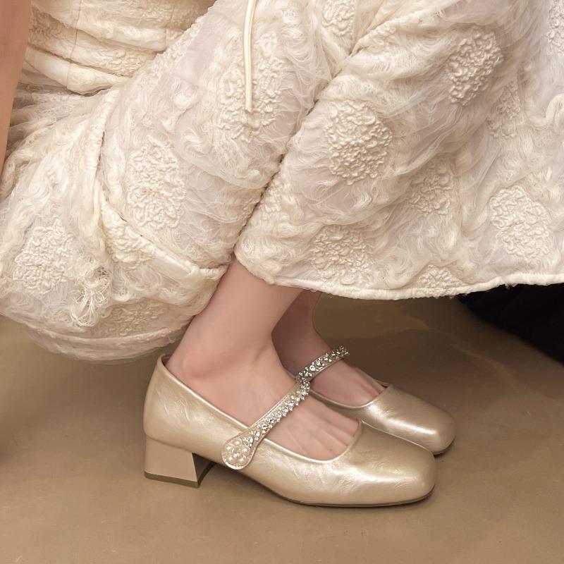 Women's Spring New Popular Square Toe Shallow Mouth Flower Slip Strap Soft Sole Non-slip Low Top Single Shoes High-heeled Shoes