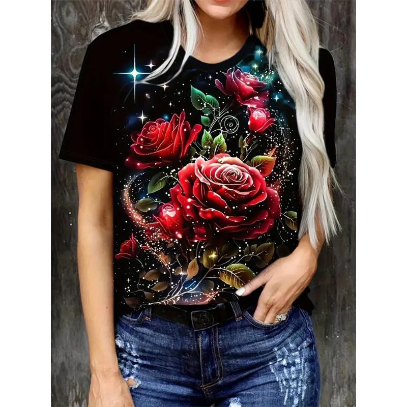 Fashion Women's Crew Neck T-Shirt 3D Flower Color Printing Crew Neck Short Sleeve