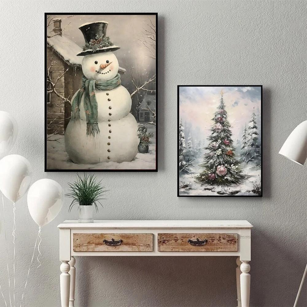 Christmas Tree Wall Art Decor Santa Claus On Swing Posters Prints Snowman Deer Winter Canvas Painting For Festival Decoration