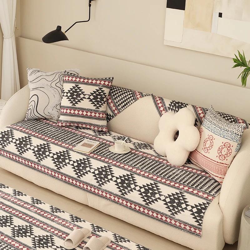 Bohemian Geometric Pattern Sofa Towel Anti Slip Wear-resistant Sofa Cushion Pillowcase  Dustproof Cotton and Linen Settee Cover
