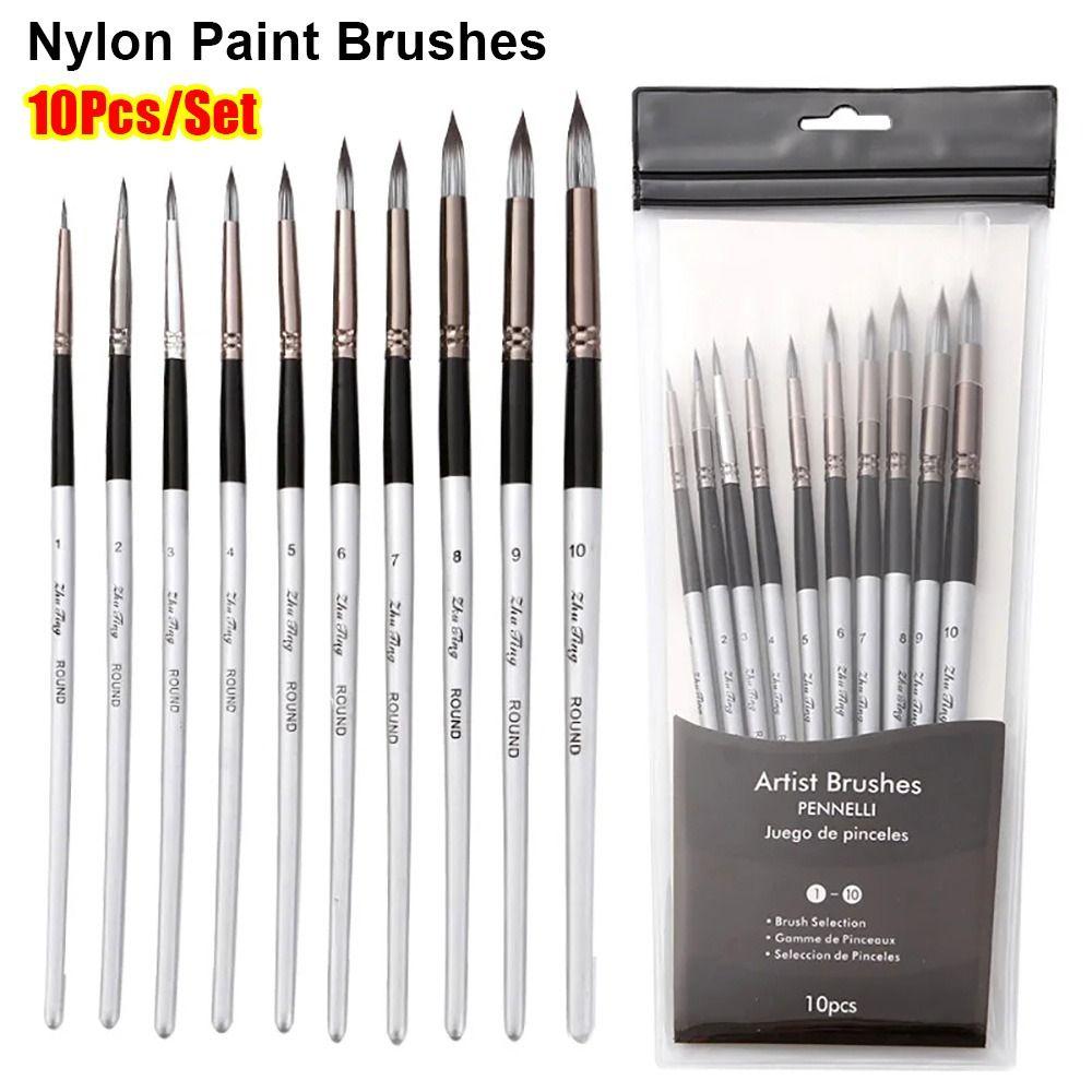 10Pcs/Set Wooden Handle Paint Brushes Nylon Drawing Kit  for Acrylic Oil Painting