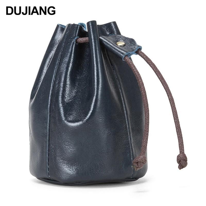 

Oil Wax Leather Small Wallet Mini Bag Drawstring Strap Change Storage Genuine Purse 11x8x8cm