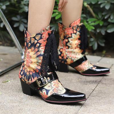 B/Women's High Heel Short Boots Fashion Print Thick Heel Denim Boots Autumn and Winter New Large Women's Boots