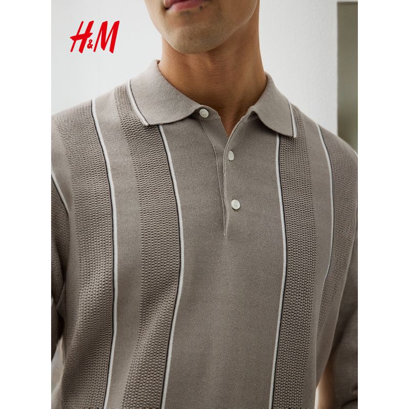 

Hm2025 Summer New Men s Clothing Fashion Casual Casual Standard Mesh Knitted Polo Shirt 1264932 Dark beige/Stripes 165/84