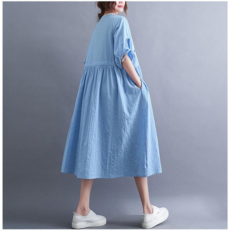 Long Dress Women Linen Large Size Loose Summer Solid Color Short-sleeved Dress Knee-length Thin Large Swing Dress