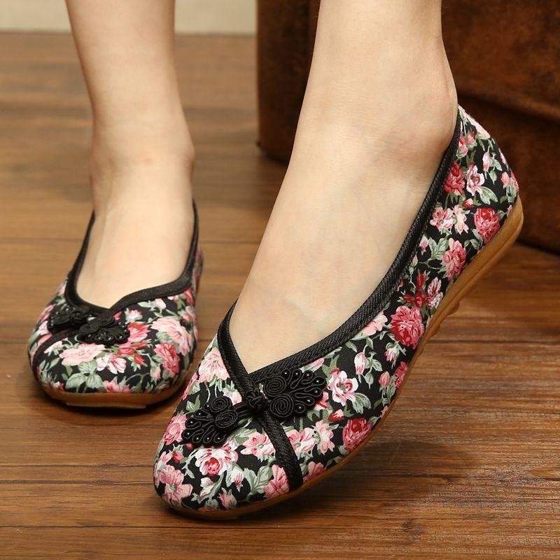 Damskie buty tekstylne w stylu retro Miękkie dno antypoślizgowe Oddychające codzienne nadruki z guzikami Buty robocze z płaskim dnem Wiosna Lato