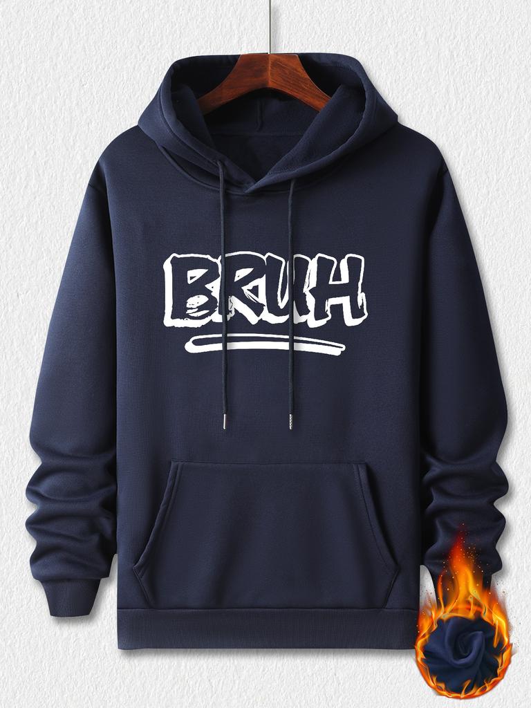 Men's Autumn/winter Casual Hooded Sweatshirt, BRUH Graphic Print, Long-sleeved Street Style Warm Sportswear