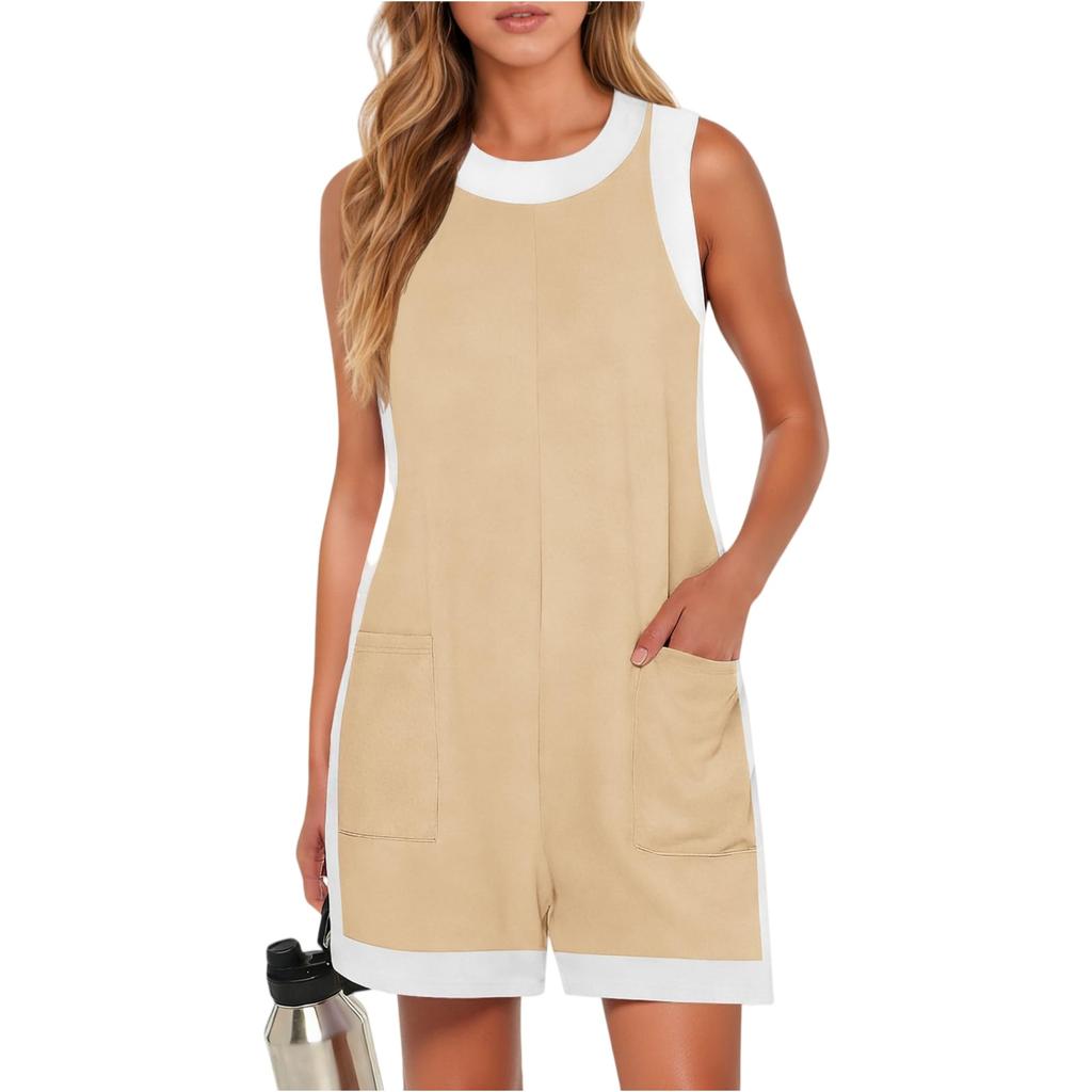 Damen Kurz Ärmellos Locker Geschnitten Romper Taschen Freizeit Overalls