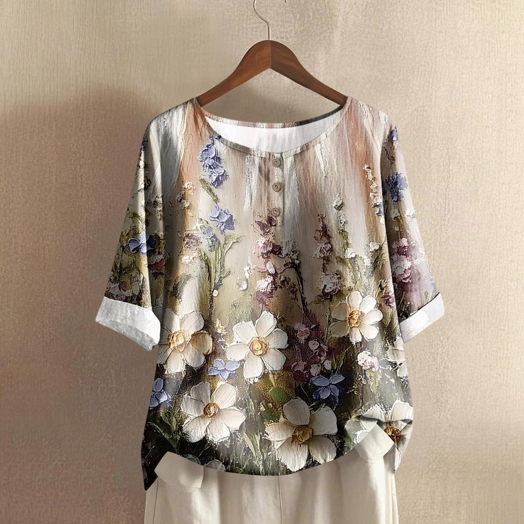 Women's Fashionable And Casual Shirt Half-sleeve Round Neck Print Cotton And Linen Blouse Top