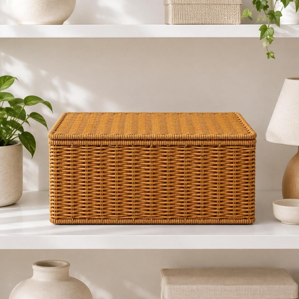 Rattan-Style Storage Basket with Fitted Lid Rustic for Living Room, Shelf