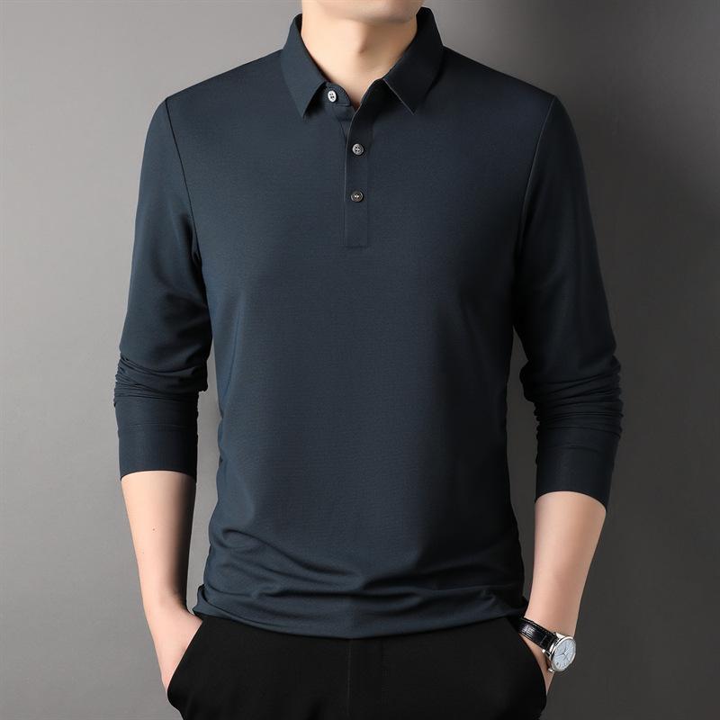 Langarm T-Shirt Herren Frühling Neu Koreanischer Stil Lässig Polokragen Jung und Mittelalterlich Revers Dünn Einfarbiges Oberteil
