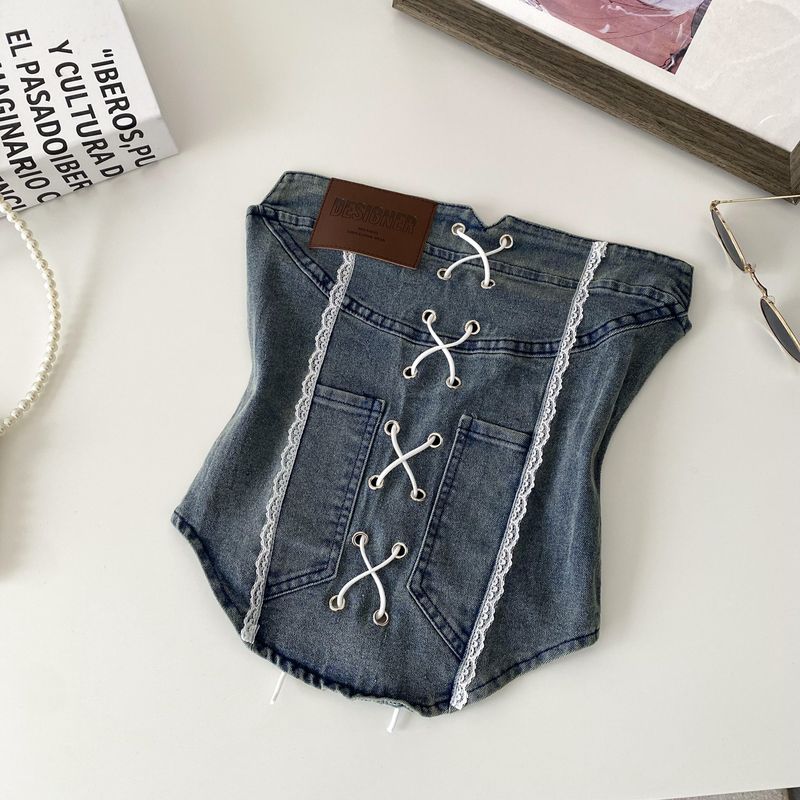 American vintage Gyaru Lace Stitching Denim Tube Top Women Summer Pure Want Bandage Waist Hugging Slim fit Sleeveless Vest
